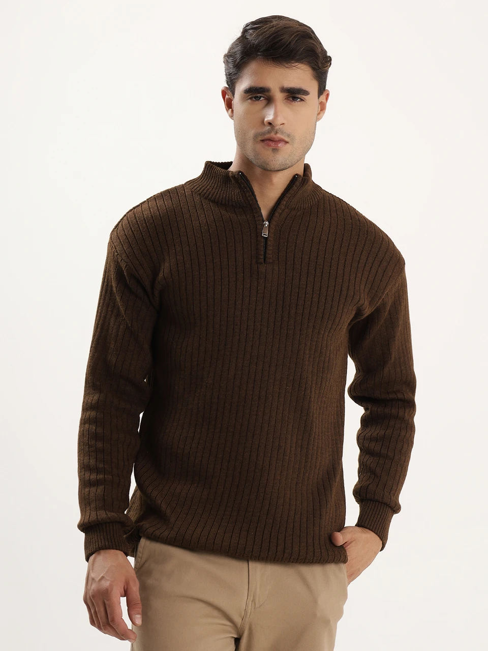 kveto Men Self Design High Neck Brown Sweater